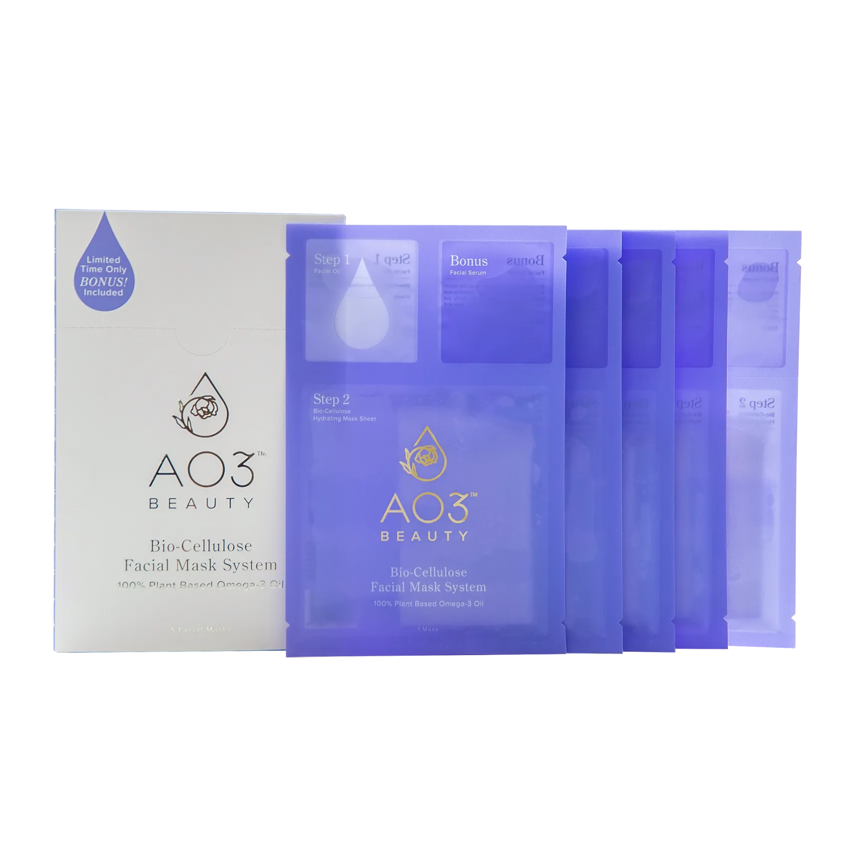 AO3 Beauty Plant-Based Omega 3 Rejuvenating Bio-Cellulose Mask System