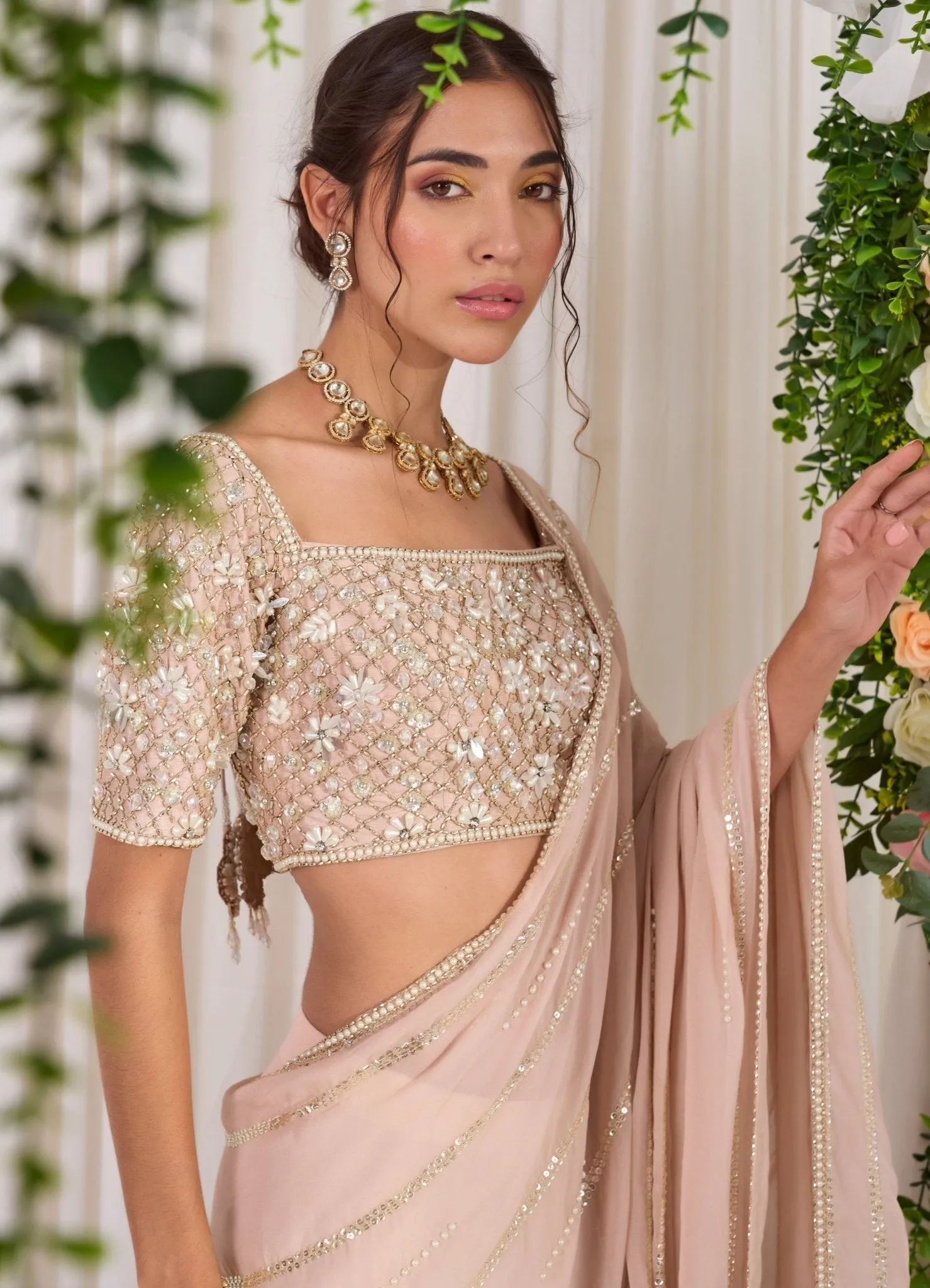 Blush Pink Embellished Georgette Saree With Blouse