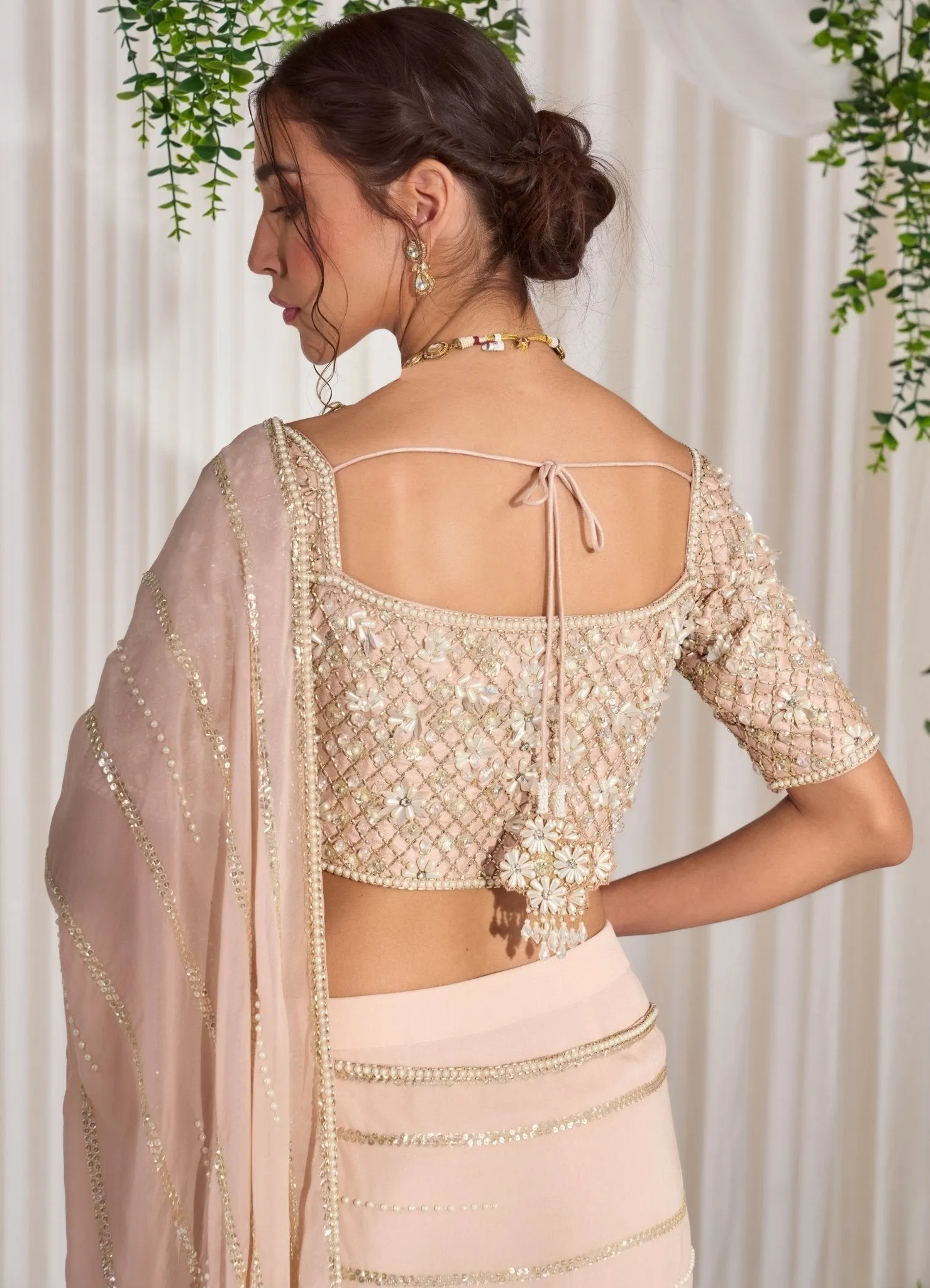 Blush Pink Embellished Georgette Saree With Blouse