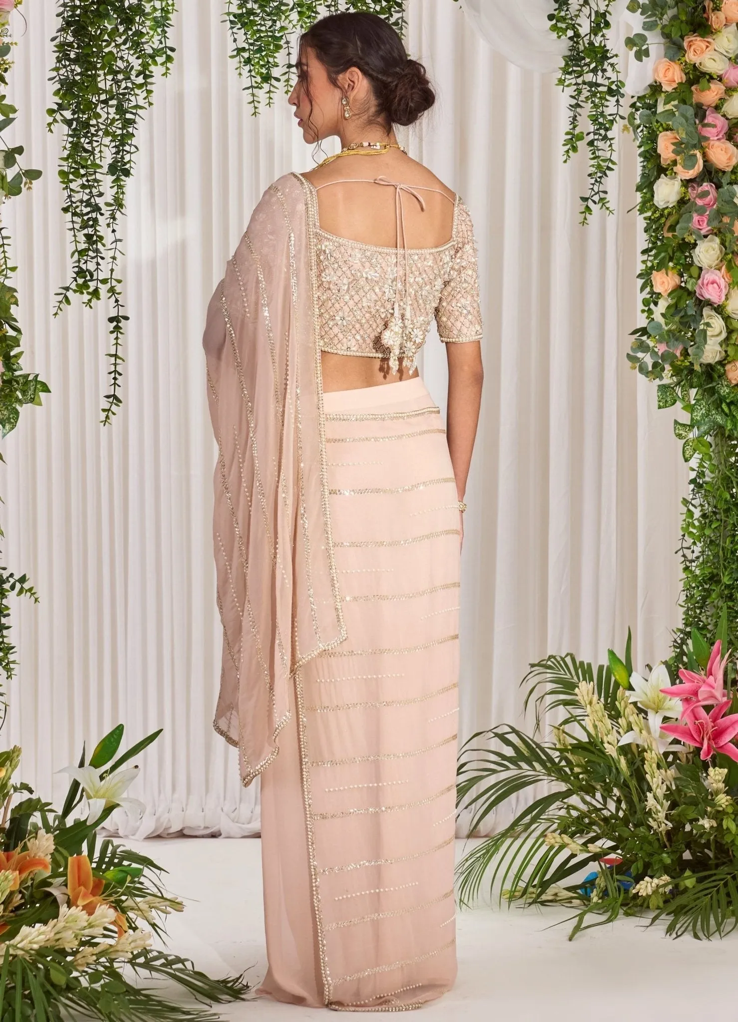 Blush Pink Embellished Georgette Saree With Blouse