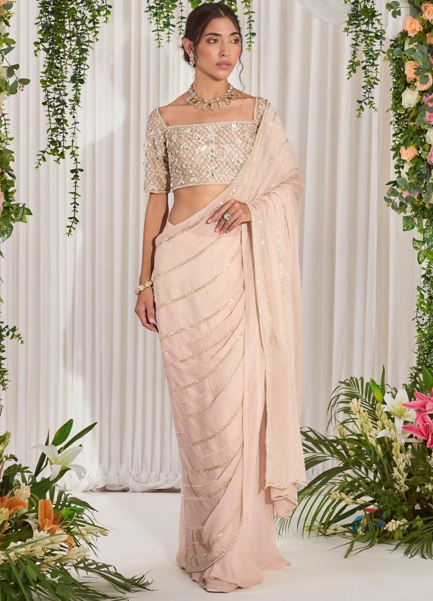 Blush Pink Embellished Georgette Saree With Blouse