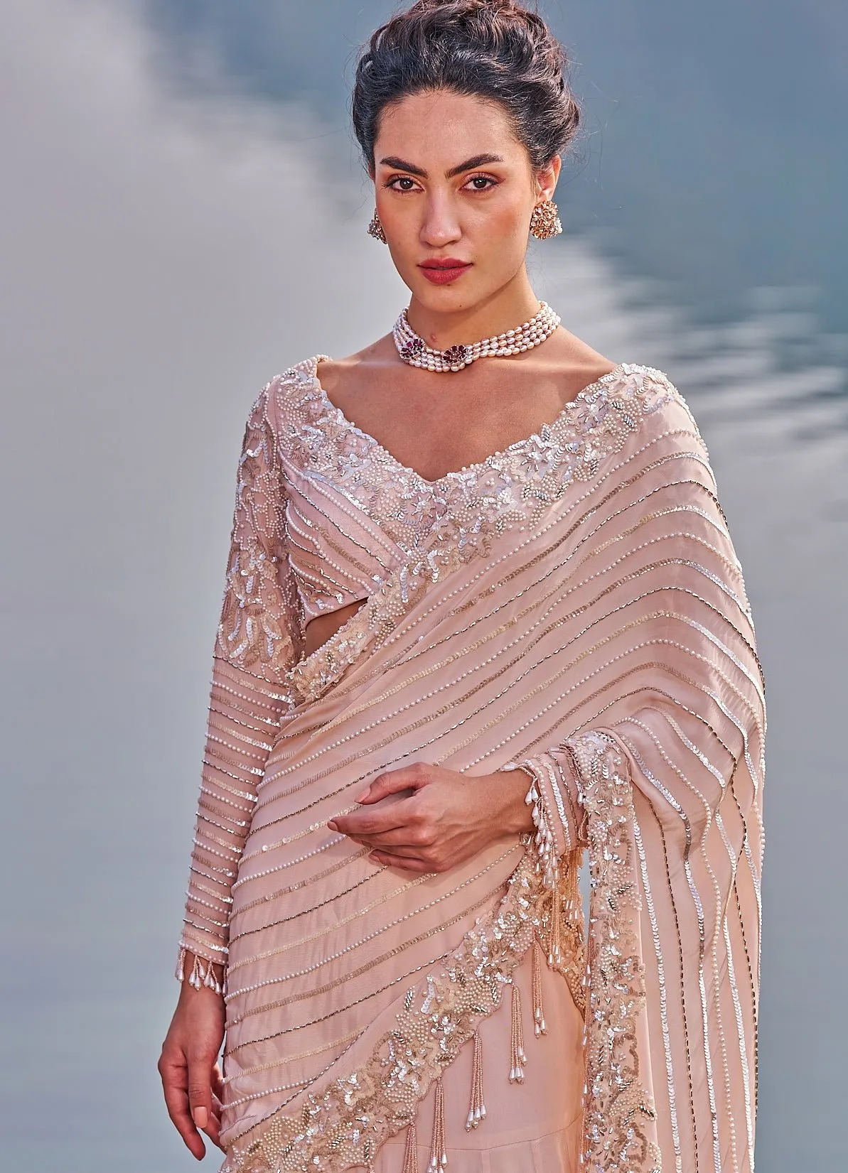 Blush Pink Fish Cut Sequinned Saree