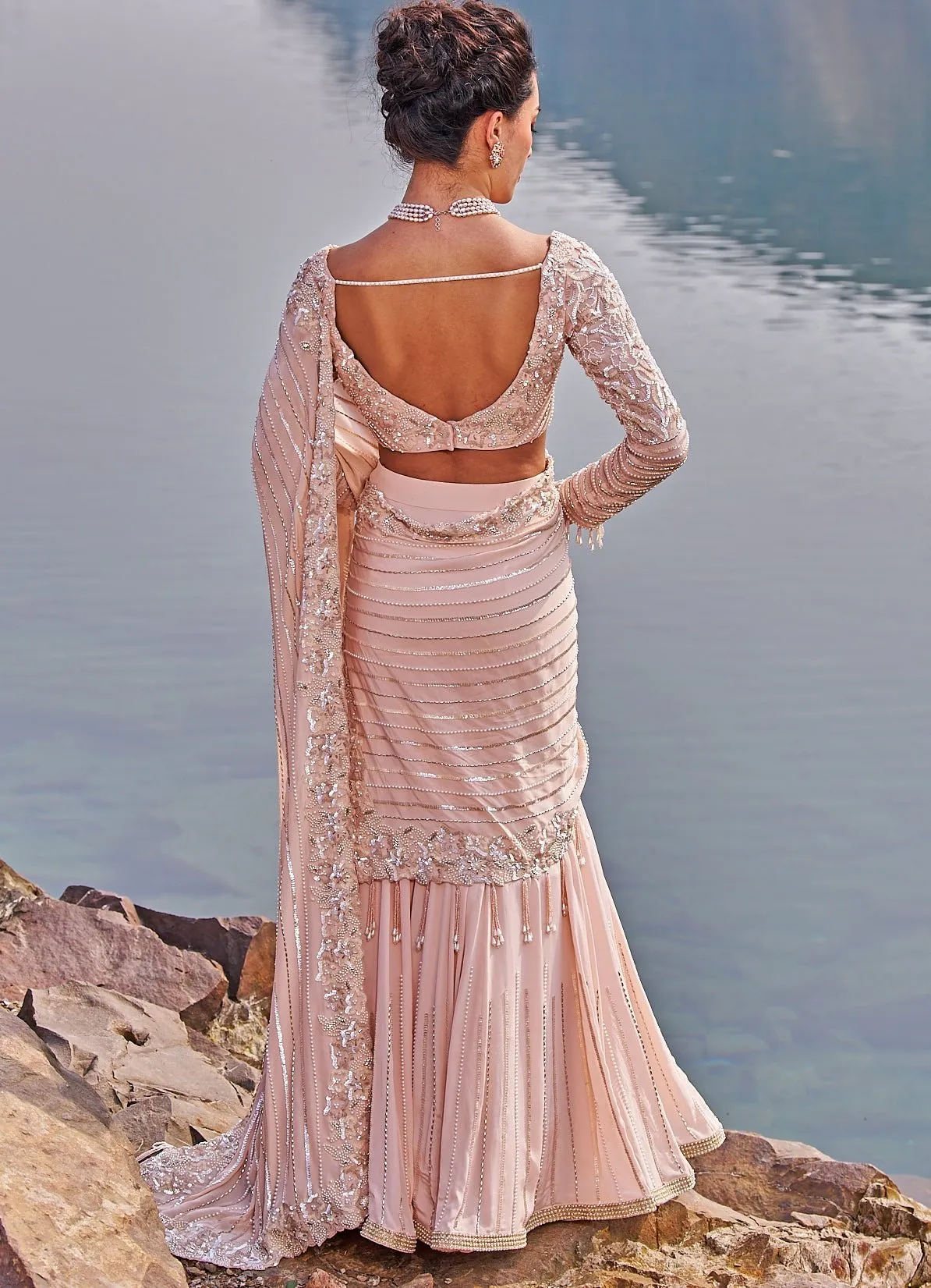 Blush Pink Fish Cut Sequinned Saree