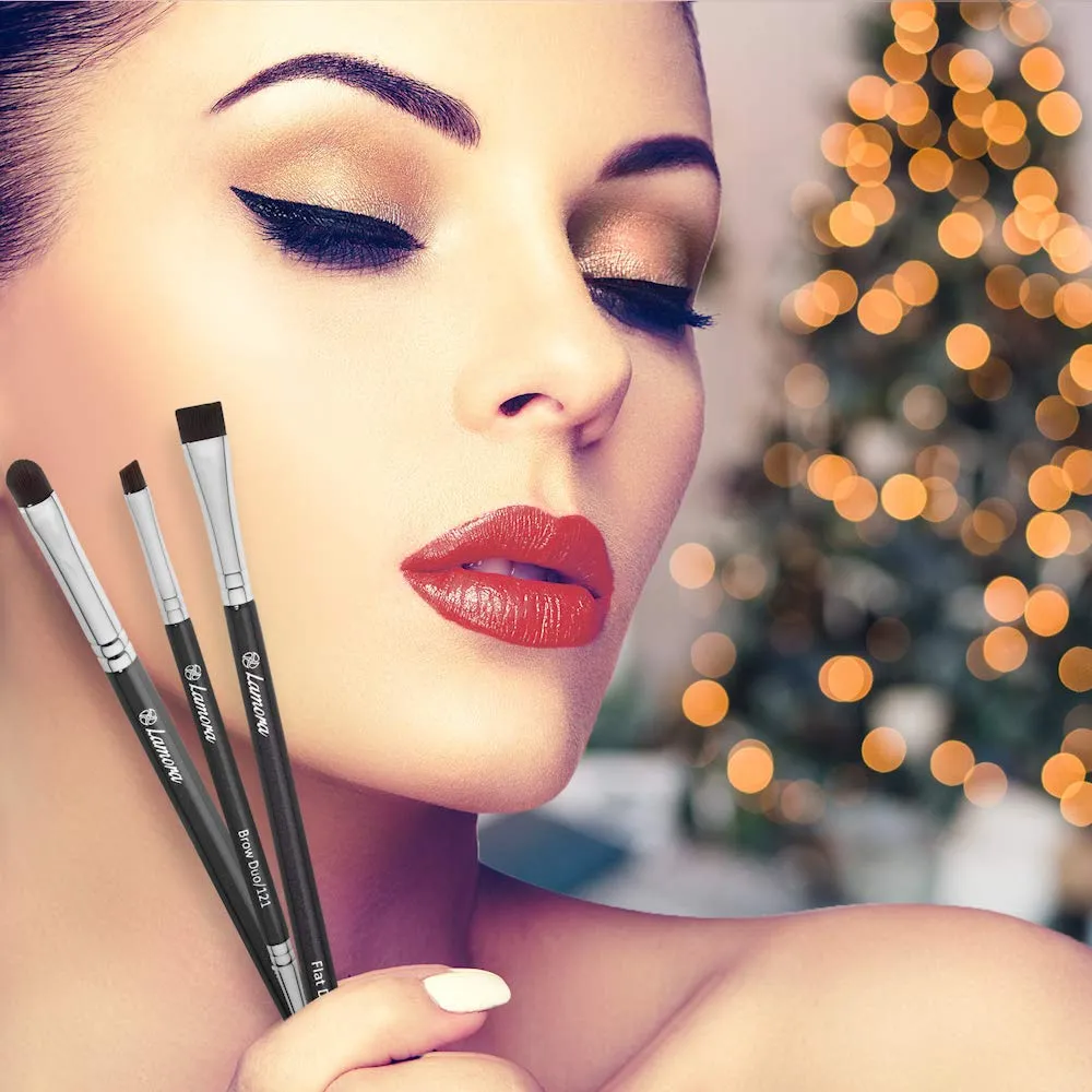 Eyebrow Brush - Duo Eye Brow Spoolie - Angled Eyeshadow Eyeliner - Precision Flat Definer - Small Shader - Premium Quality 3 Piece Set - Cruelty Free Synthetic Bristles - Apply Gel Powder Wax Pomade