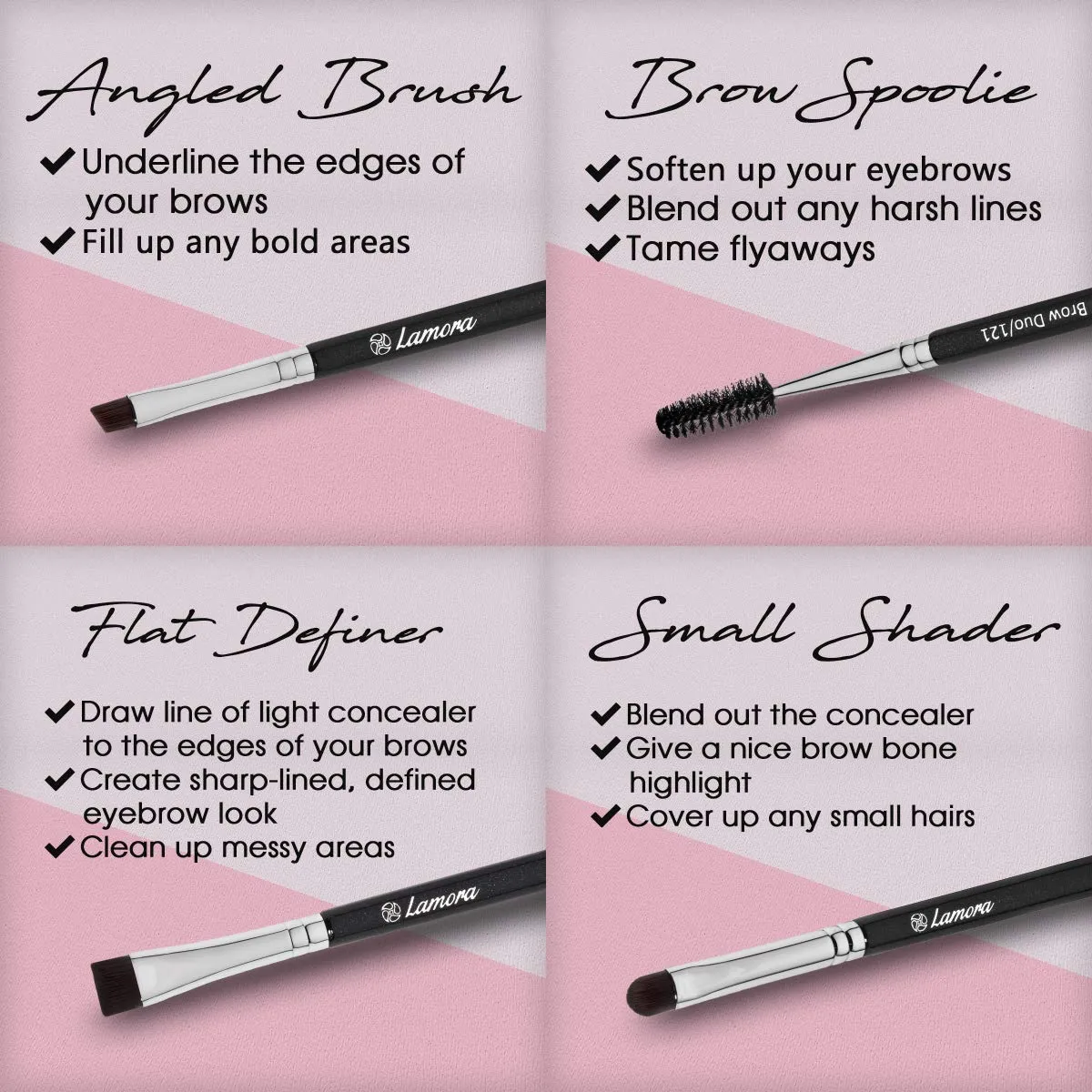 Eyebrow Brush - Duo Eye Brow Spoolie - Angled Eyeshadow Eyeliner - Precision Flat Definer - Small Shader - Premium Quality 3 Piece Set - Cruelty Free Synthetic Bristles - Apply Gel Powder Wax Pomade
