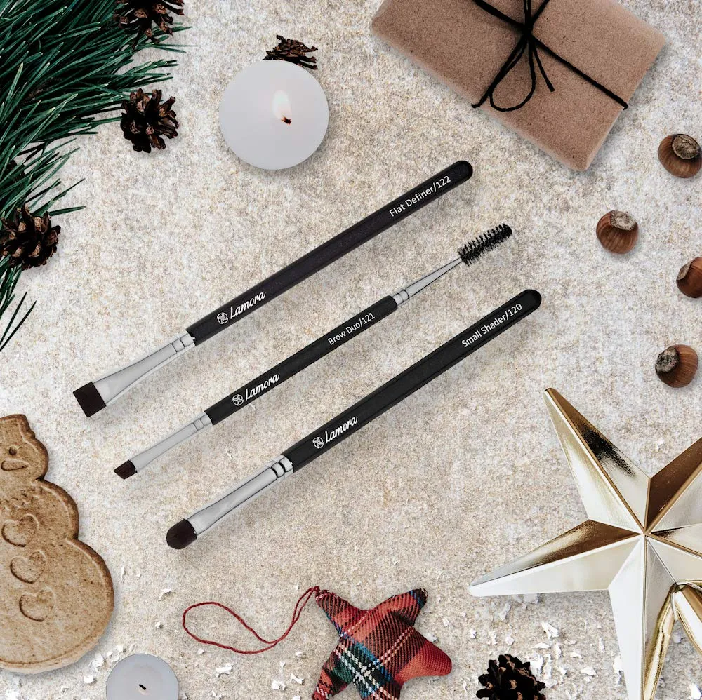 Eyebrow Brush - Duo Eye Brow Spoolie - Angled Eyeshadow Eyeliner - Precision Flat Definer - Small Shader - Premium Quality 3 Piece Set - Cruelty Free Synthetic Bristles - Apply Gel Powder Wax Pomade