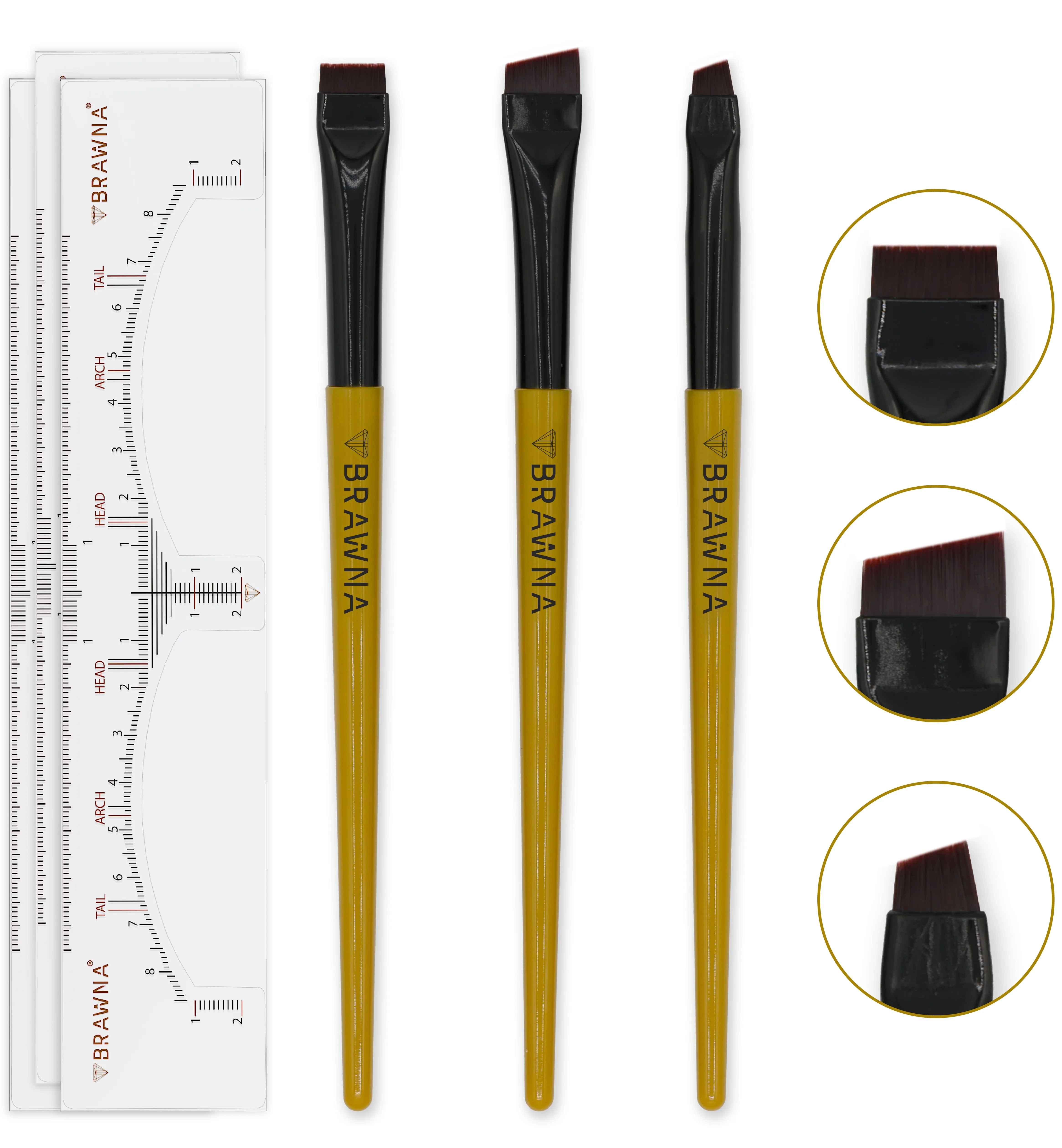 Eyebrow Brush Set with Brow Ruler Stickers - 3 Pcs Angled Precision Eyeliner Makeup Brushes - Brow & Lip Mapping - Concealer Flat Brush - Liner Brush for Gel, Powder, Cream, Pomade, Paste