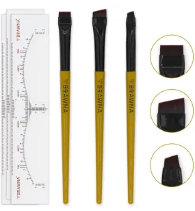 Eyebrow Brush Set with Brow Ruler Stickers - 3 Pcs Angled Precision Eyeliner Makeup Brushes - Brow & Lip Mapping - Concealer Flat Brush - Liner Brush for Gel, Powder, Cream, Pomade, Paste