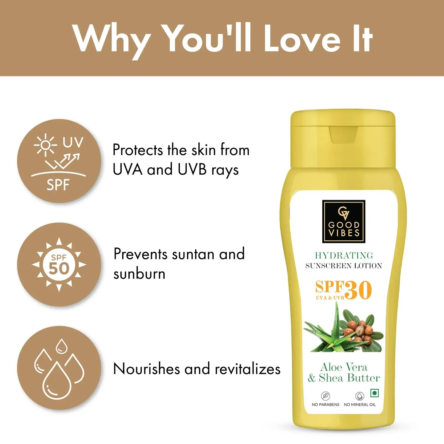 Good Vibes Aloe Vera & Shea Butter Hydrating Sunscreen Lotion SPF 50, Skin Moisturizing | Vegan, No Parabens, No Mineral Oil, No Silicones (110 ml)
