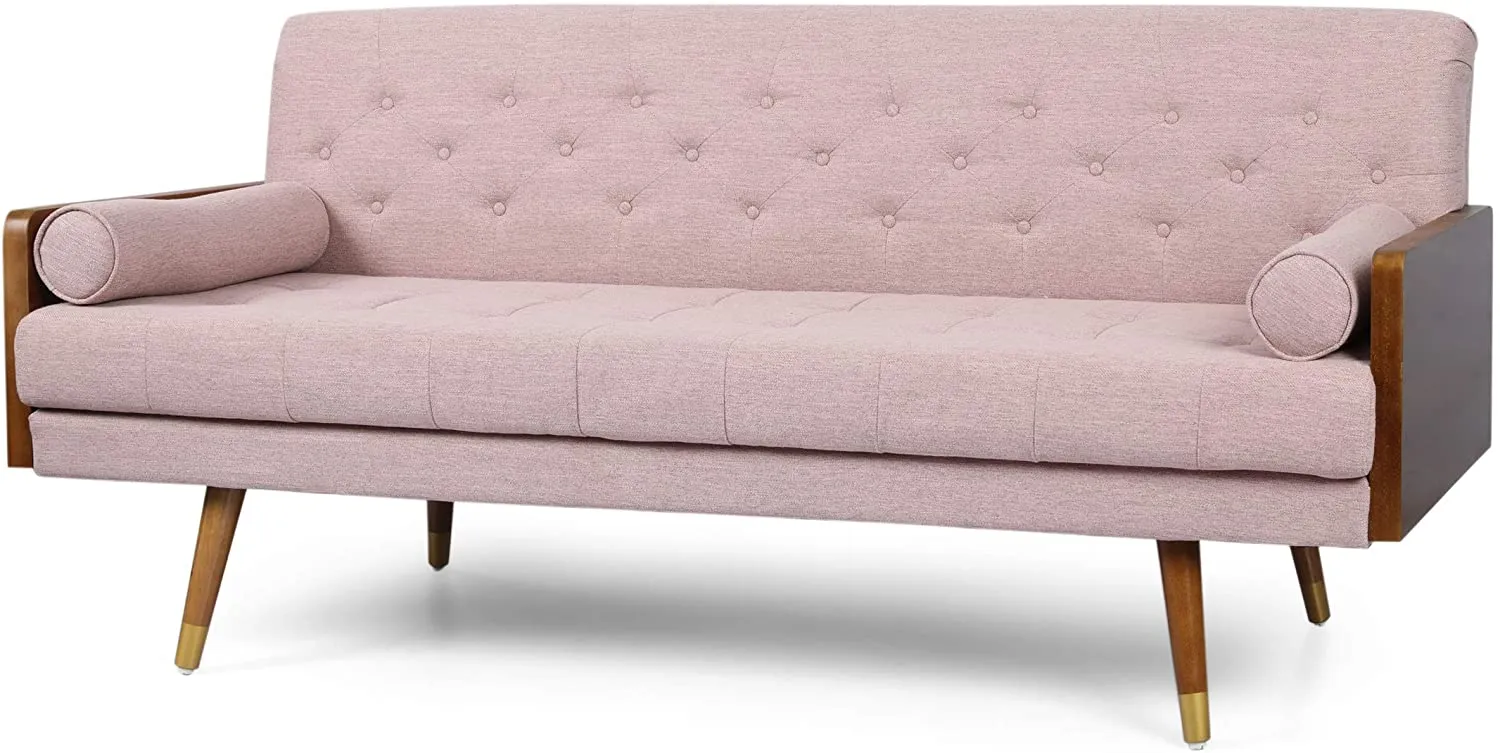 Mid-Century Modern Tufted Fabric Sofa, Light Blush
