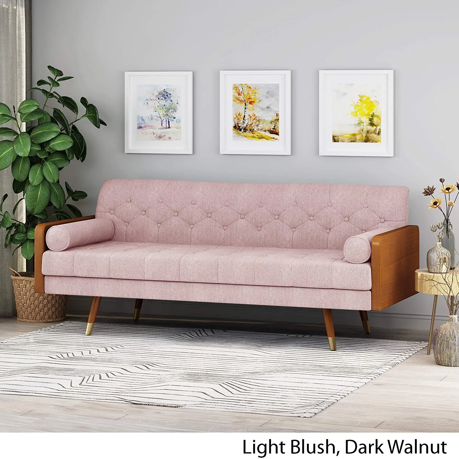 Mid-Century Modern Tufted Fabric Sofa, Light Blush