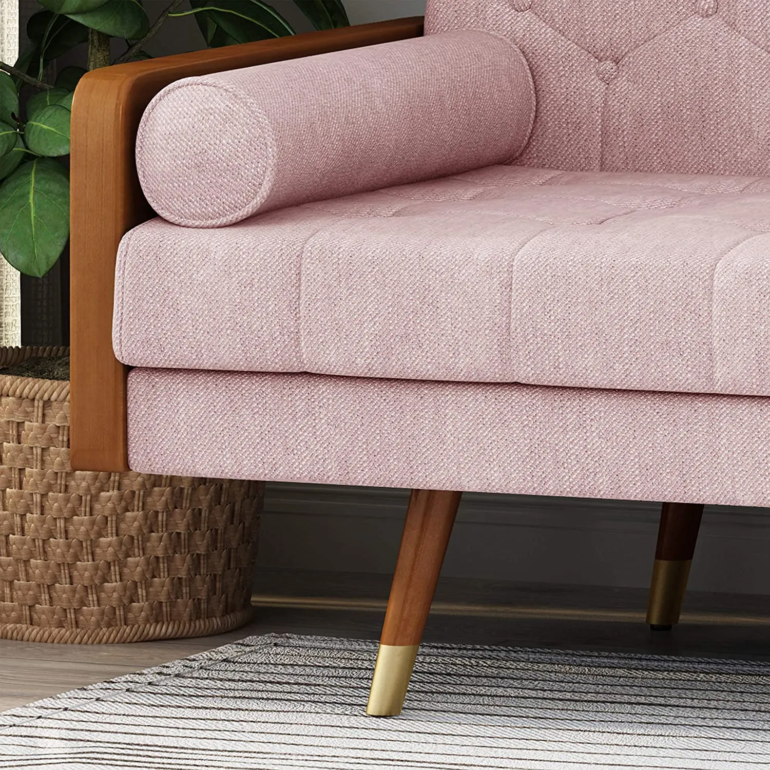 Mid-Century Modern Tufted Fabric Sofa, Light Blush
