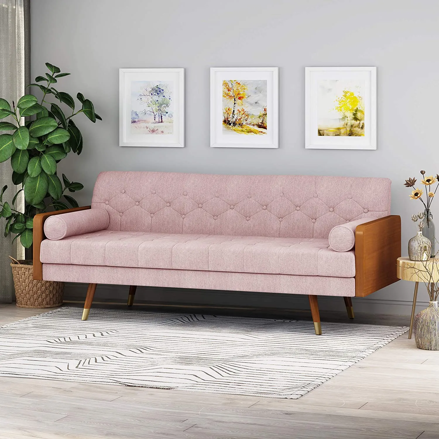 Mid-Century Modern Tufted Fabric Sofa, Light Blush