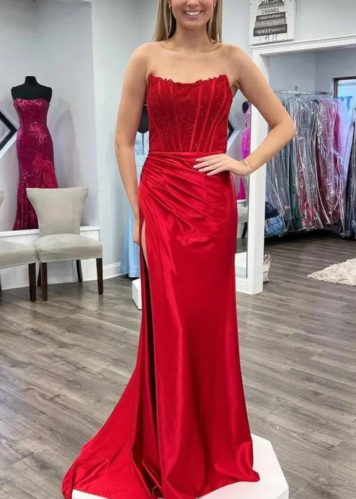 Sheath Strapless Corset Satin Prom Dress with Slit