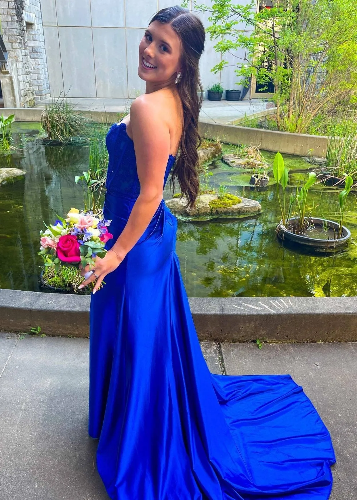Sheath Strapless Corset Satin Prom Dress with Slit