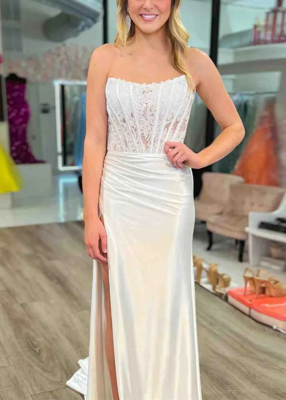 Sheath Strapless Corset Satin Prom Dress with Slit