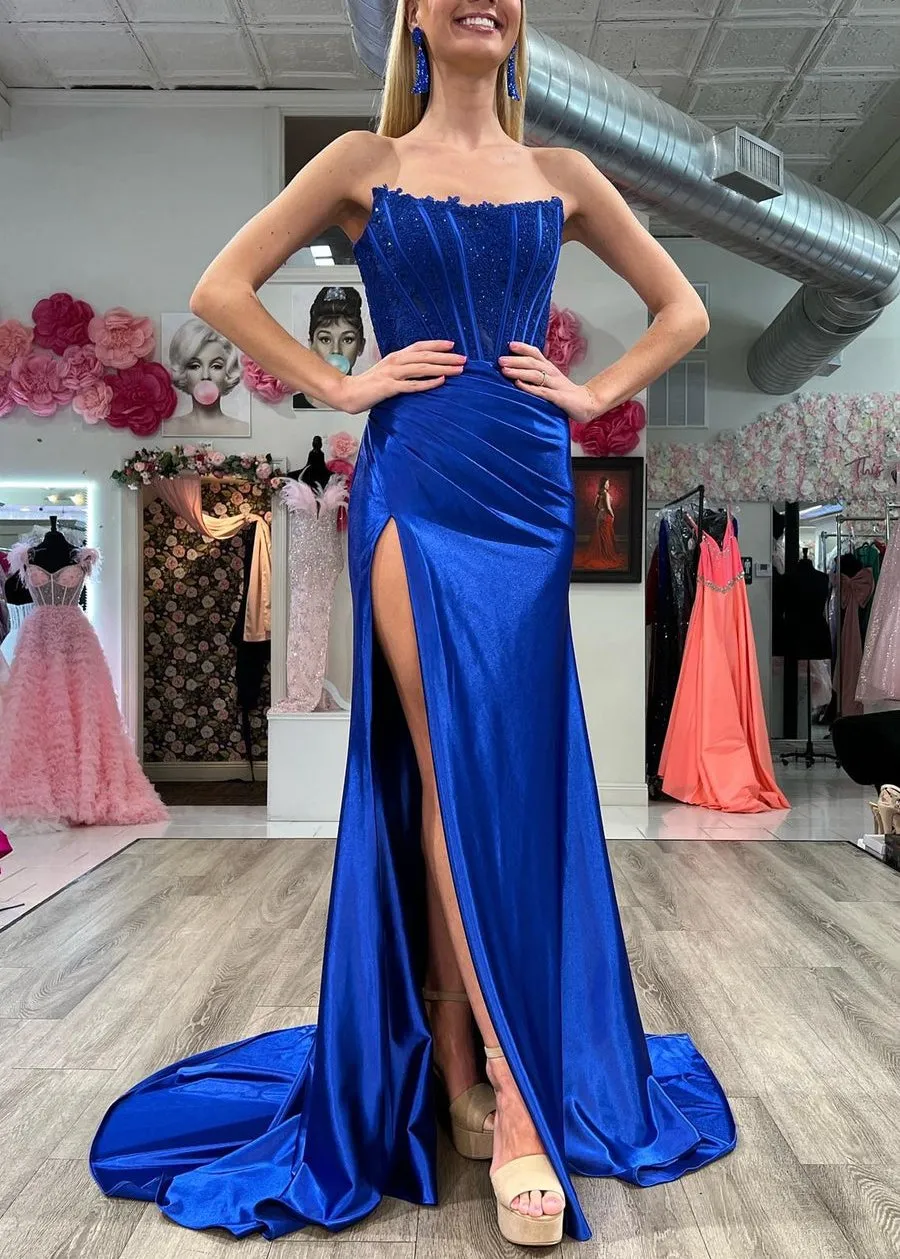 Sheath Strapless Corset Satin Prom Dress with Slit