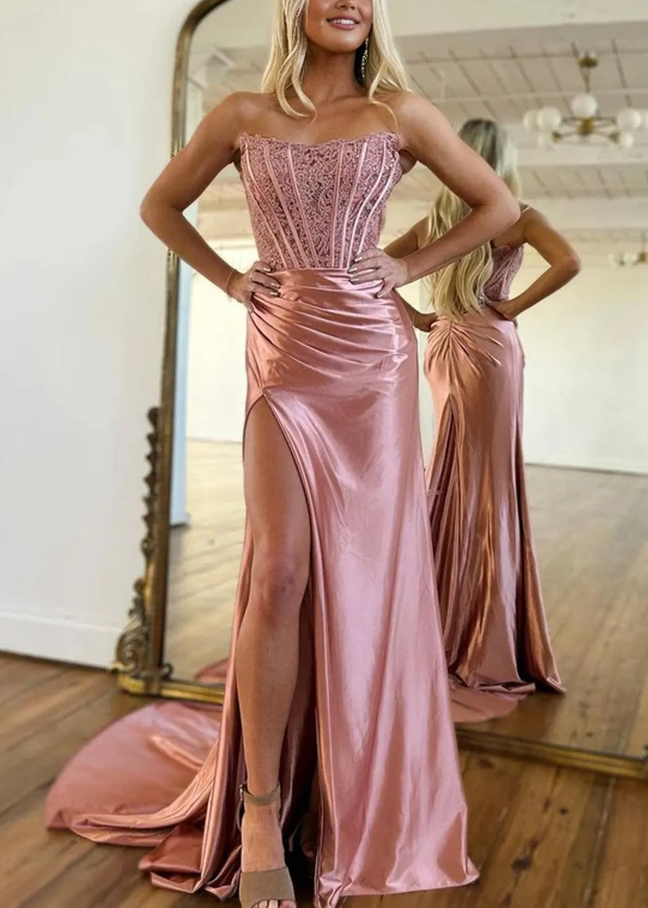 Sheath Strapless Corset Satin Prom Dress with Slit