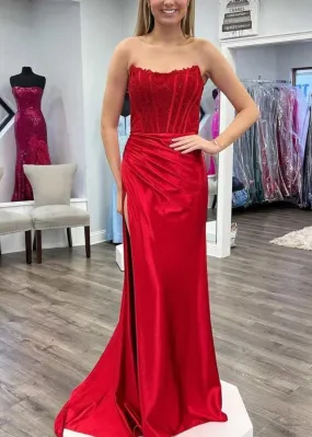 Sheath Strapless Corset Satin Prom Dress with Slit