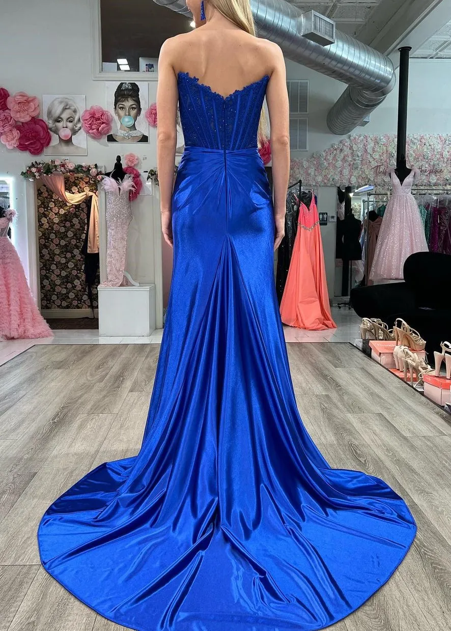 Sheath Strapless Corset Satin Prom Dress with Slit